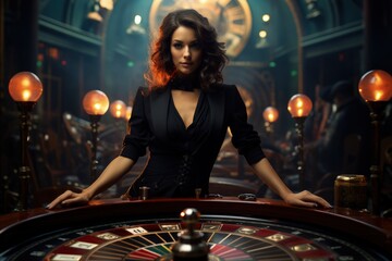 Obraz na płótnie Canvas Beautiful girl plays poker blackjack roulette in the casino, Woman dealer near the table in the casino