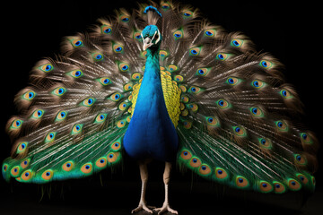 flamboyant male peacock in front of black background - Powered by Adobe