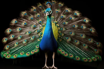 Fotobehang flamboyant male peacock in front of black background © Jean Isard