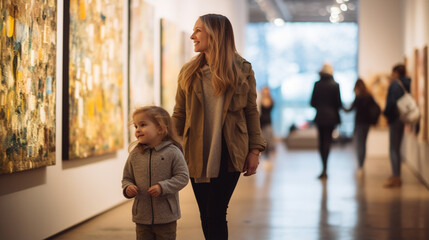 Mother and Child Exploring a Local Art Gallery , with copy space, bokeh