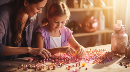 Mother and Child Creating Handmade Jewelry Together , with copy space, bokeh