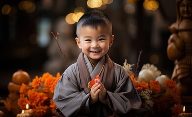Meditation. Asian baby holds hands in praying gesture, has sense of inner peace. Temple interior. Novice monk and candle lights. Look at camera - obrazy, fototapety, plakaty