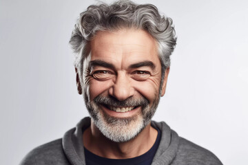 a closeup photo portrait of a handsome old mature man smiling with clean teeth. for a dental ad. guy with fresh stylish hair and beard with strong jawline. isolated on white background. - obrazy, fototapety, plakaty