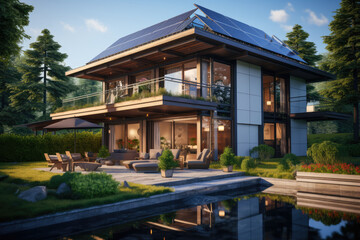 Obraz premium A concept of energy-efficient buildings with integrated solar panels and passive design principles. Generative Ai.