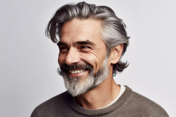 a closeup photo portrait of a handsome old mature man smiling with clean teeth. for a dental ad. guy with fresh stylish hair and beard with strong jawline. isolated on white background.