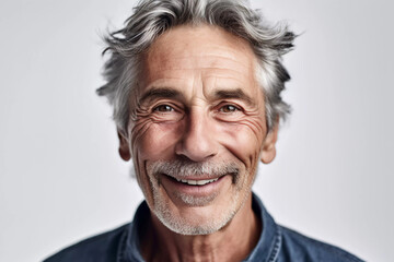 a closeup photo portrait of a handsome old mature man smiling with clean teeth. for a dental ad. guy with fresh stylish hair and beard with strong jawline. isolated on white background.