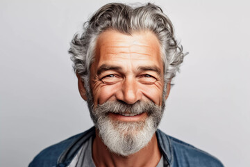 a closeup photo portrait of a handsome old mature man smiling with clean teeth. for a dental ad. guy with fresh stylish hair and beard with strong jawline. isolated on white background.