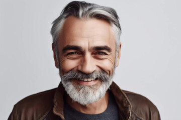 a closeup photo portrait of a handsome old mature man smiling with clean teeth. for a dental ad. guy with fresh stylish hair and beard with strong jawline. isolated on white background.