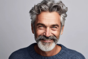 a closeup photo portrait of a handsome old mature man smiling with clean teeth. for a dental ad. guy with fresh stylish hair and beard with strong jawline. isolated on white background.