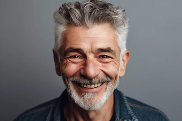 a closeup photo portrait of a handsome old mature man smiling with clean teeth. for a dental ad. guy with fresh stylish hair and beard with strong jawline. isolated on white background.