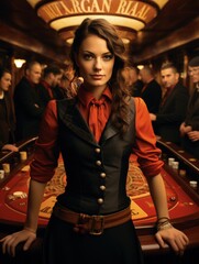 Fototapeta na wymiar Beautiful girl plays poker blackjack roulette in the casino, Woman dealer near the table in the casino