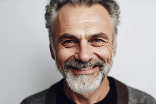a closeup photo portrait of a handsome old mature man smiling with clean teeth. for a dental ad. guy with fresh stylish hair and beard with strong jawline. isolated on white background.