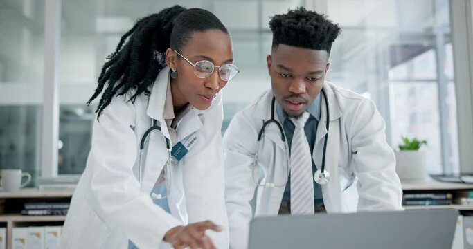 Doctors, computer talk and black people in a hospital or medical clinic with web research and planning. Teamwork, collaboration and pharma consulting with healthcare and working in a work discussion