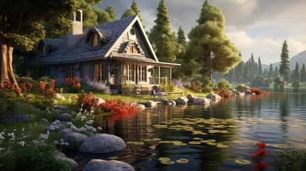 Cottage by a lake photo realistic illustration - Generative AI.