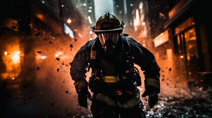Fiery Hero: A Fearless Firefighter Runs and Battling the Flames with Determination and Courage. Raging Fire is Seen Everywhere.