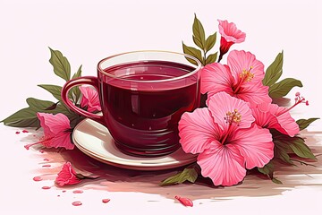 Illustration of cup of hibiscus tea - obrazy, fototapety, plakaty