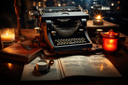 A film critic's desk with a typewriter and reviews, showcasing the role of criticism in cinema. Generative Ai.