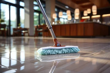 Zelfklevend Fotobehang Close-up of a mop cleaning the floor in a restaurant. generative AI © matteo