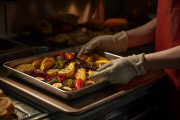 Obraz na płótnie Canvas Protected by a sturdy oven mitt, a hand confidently retrieves a sizzling tray of roasted vegetables, their vibrant colors and tantalizing aroma promising a feast for the senses.