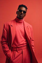 Obraz premium Studio shot of handsome black man in red costume, fashion look. Confident guy in fashionable suit standing on solid red background