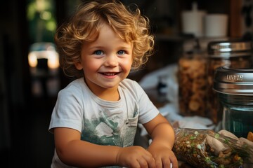 Portrait of a cute little boy with curly hair in the kitchen. generative AI