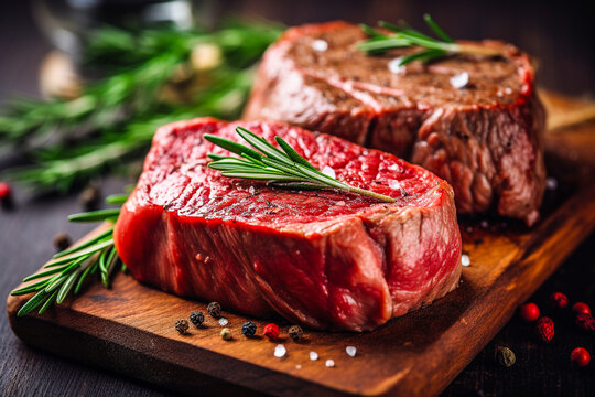 Pi&egrave;ce de viande crue sur planche en bois avec &eacute;pices aromatiques