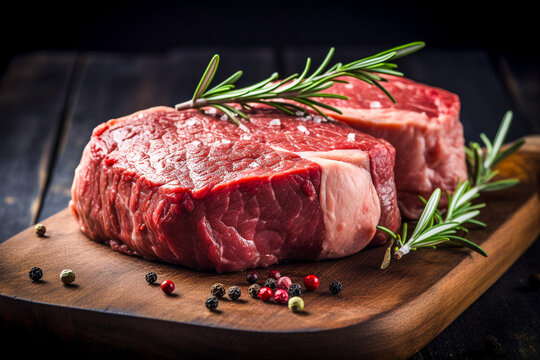 Pi&egrave;ce de viande crue sur planche en bois avec &eacute;pices aromatiques