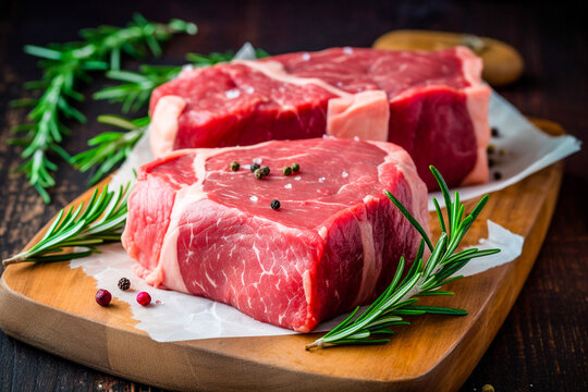 Pi&egrave;ce de viande de boeuf crue sur planche en bois avec &eacute;pices aromatiques
