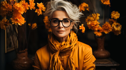 Portrait of attractive stylish smiling elderly woman with autumn trendy fashion cloth and around gold leaaves and flower. Happy old age - obrazy, fototapety, plakaty