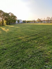 Open space in the city. Well-groomed fields with power lines.