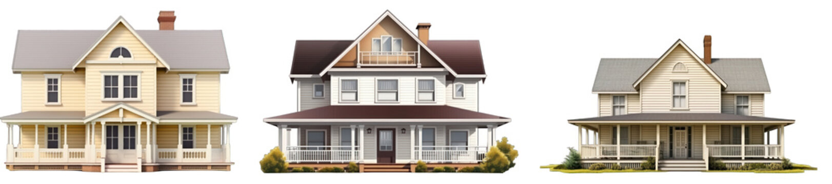 Family houses with beautiful porch american style isolated on transparent background generative ai