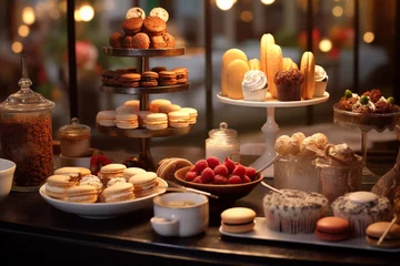 Afwasbaar Fotobehang Macarons Vitrine de pâtisserie avec gâteaux et biscuits