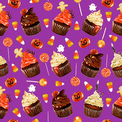 Watercolor Halloween seamless pattern illustration. Funny Halloween print with lollypops, candy corn, cakes and pumpkin on violet background. Creepy 31 of October holiday wallpaper.