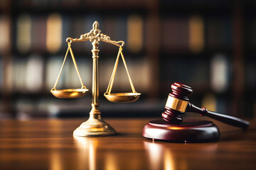 Law scales of justice and gavel with law court theme on table against golden background