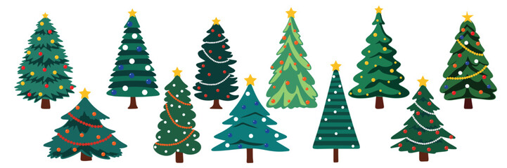 Set of Christmas trees in flat style. Collection of pine tree with decoration for Christmas. 