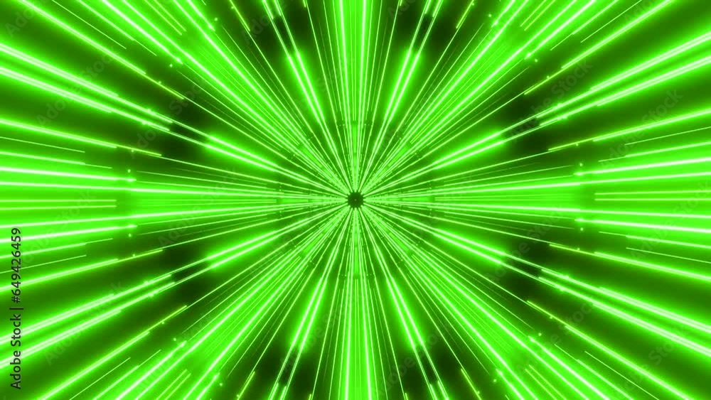 Poster lashing beams in moving space tunnel. design. space tunnel with flashing bright rays on black backgr