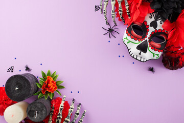 Immerse in the cultural diversity of Dia de los Muertos. Top view shot of carnival mask, candles, skeleton hand, flowers, confetti, scary insects on purple background with ad spot