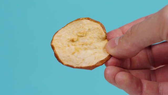 Single baked apple chip close up in hand on a color blue background
