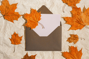 Autumn composition made of dried orange maple leaves and envelope on pastel background. Fall and...