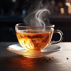 Schilderijen op glas Hot tea with steam in a cup, on a dark background. Generative AI. © Simona