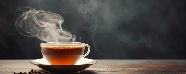 Sierkussen Hot tea with steam in a cup, on a dark background. Generative AI. © Simona