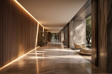 Contemporary corridor showcasing wood and marble interior design. Generative AI