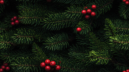 Obraz na płótnie Canvas New year holiday evergreen tree, Christmas tree branches decorated with viburnum berries.