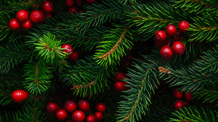 New year holiday evergreen tree, Christmas tree branches decorated with viburnum berries.
