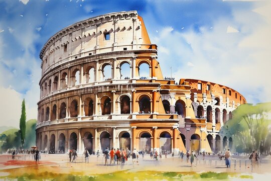 A watercolor painting of the famous Roman Colosseum in Italy. Generative AI