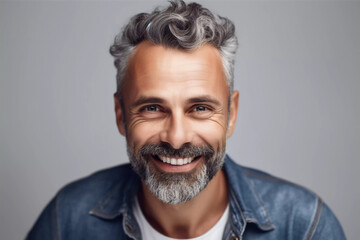 photo portrait of a handsome mature man smiling with clean teeth. for a dental ad. guy with fresh stylish hair and beard with strong jawline. isolated on white background