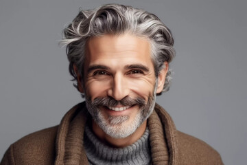 photo portrait of a handsome mature man smiling with clean teeth. for a dental ad. guy with fresh stylish hair and beard with strong jawline. isolated on white background