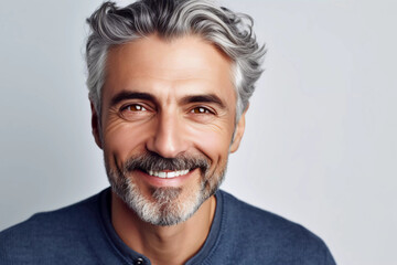 photo portrait of a handsome mature man smiling with clean teeth. for a dental ad. guy with fresh stylish hair and beard with strong jawline. isolated on white background