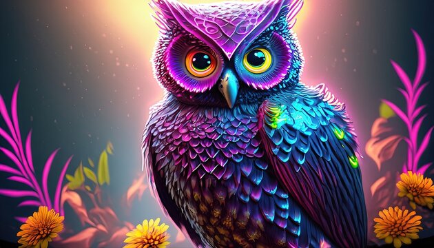 owl in the night, ultra high resolution hyperrealistic neon glowing metalic owl in close up looking directly