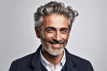 photo portrait of a handsome mature man smiling with clean teeth. for a dental ad. guy with fresh stylish hair and beard with strong jawline. isolated on white background